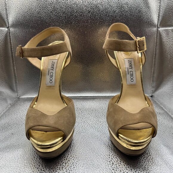 Size‎ - 40 Jimmy Choo Brown Womens Peep Toe Suede Ankle Strap Mules High Heel - Picture 2 of 9
